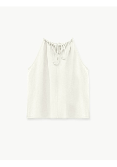 Koton Viskon Rayon Kumaş Kolsuz Büzgülü Halter Yaka Bluz Kırık Beyaz 6sak60292pw Ekru
