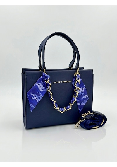 Just Polo Kadın Gold Zincirli Şal Detaylı Şık El & Omuz Çantası Ve Cüzdanı Kombin Shopper Ebat: 20 X 25 Cm Lacivert