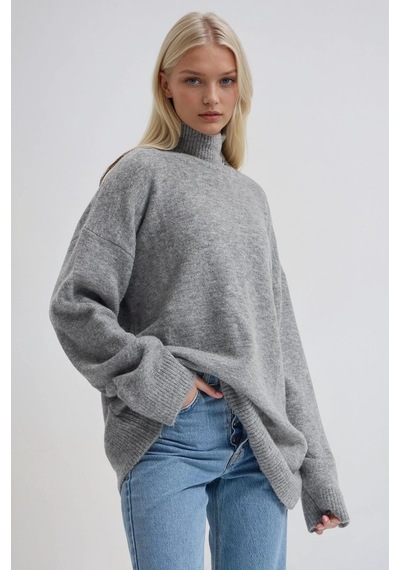 Dik Yaka Triko Oversize Kazak 1413 Gri