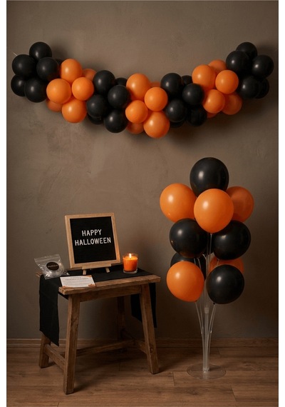 Cadılar Bayramı Halloween Süsleme Deluxe Set Siyah Keçe Yazı Panosu Standlı Pompa Balon Zincirli 7 Li Şeffaf Balon Standlı 3+