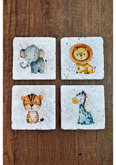 Çizgi Hayvan Animasyon Temalı Doğal Taş Bardak Altlığı - Stone Coasters Çok Renkli