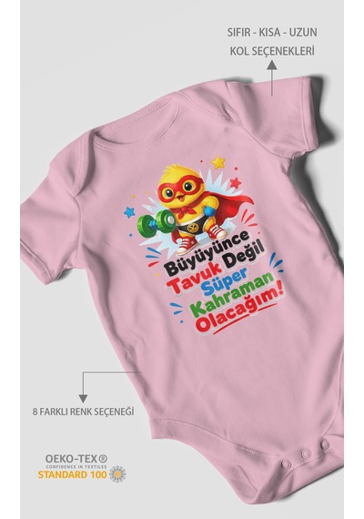 Morivokids Büyüyünce Tavuk Değil, Yazılı Kısa Kollu Bebek Body %100 Pamuk Koyu Pembe