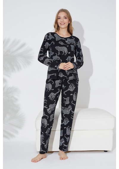 Siyah İnci Siyah Leopar Baskılı Örme Pijama Takım 7613