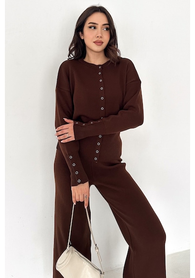 Kadın Bol Paça Triko Takım Knit Flow Kahverengi
