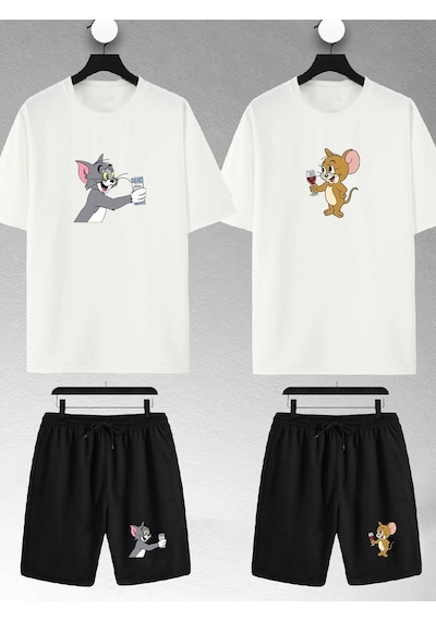 Unisex Tom Ve Jerry Rakı Baskılı Sevgili Çift Kombini Tasarım Oversize Tshirt Ve Şort Beyaz Mck0578 Beyaz