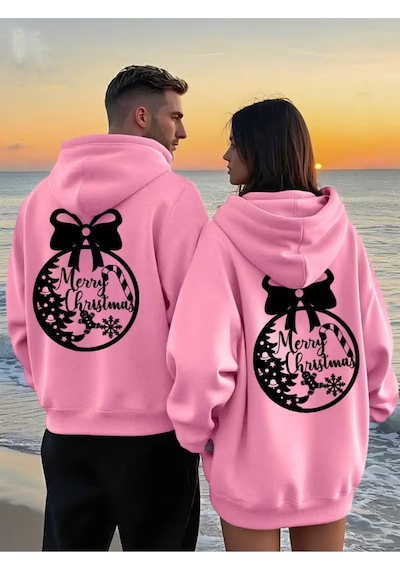 Nevermind Yılbaşı Sevgili Kombini Hoodie Merry Christmas Baskılı Oversize U Pembe
