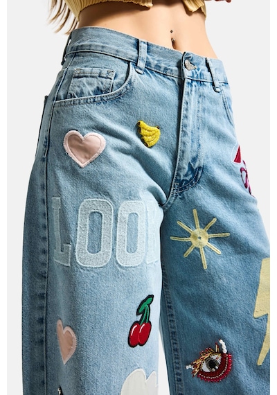 it's basic Kadın Kot Rengi 3s6-32 Straight Fit Obje Nakış Ve İşlemeli Özel Tasarım Denim Jean Mavi