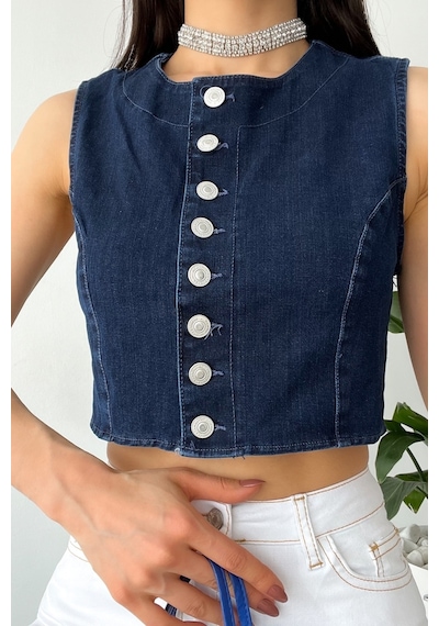 Femelle Kadın Denim Düğmeli Crop Kot Kolsuz Bluz Mavi