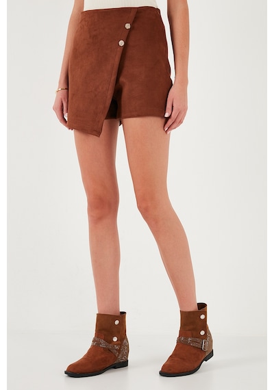 Lela Asimetrik Kışlık Scuba Süet Düğme Detaylı Slim Fit Bayan Şort Etek 5865968 Taba