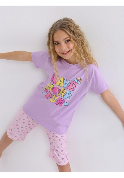 Kız Çocuk Kısa Kollu Kapri %100 Pamuklu Pijama Takımı More Fun Lila