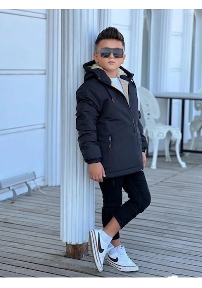 Pina Kids Erkek Çocuk Kürklü Çıkarılabilir Kapüşonlu Oversize Kışlık Mont Km4030 Siyah