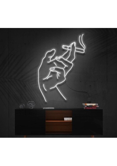 El Ve Sigara Figürlü Dekoratif Neon Tabela Beyaz
