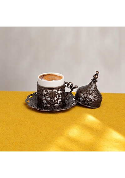 1 Adet Türk Yunan Arap Kahvesi Espresso Fincanı Tabağı Lale Antik Bakır Beyaz - Çok Renkli