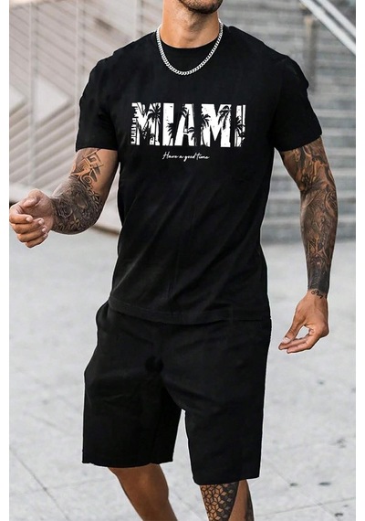 Uyguntarz Unisex Miami Baskılı Şort Takım Siyah