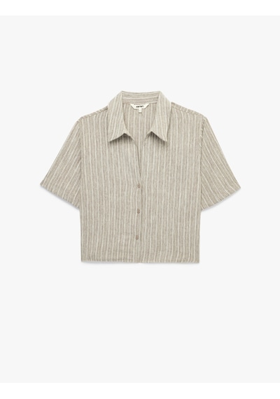 Koton Regular Fit Kaçık Yaka Kısa Kollu Crop Gömlek Kahverengi Çizgili 6sak60311pw