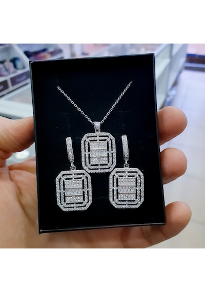 925 Ayar Gümüş Beyaz Taşlı Büyük Boy Baget Kolye Ve Küpe Takı Set