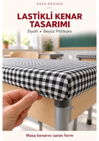 Siyah Beyaz 15'li Lastikli Sıra Örtüsü, 100x140 Cm Öğretmen Masa Örtüsü Hediye