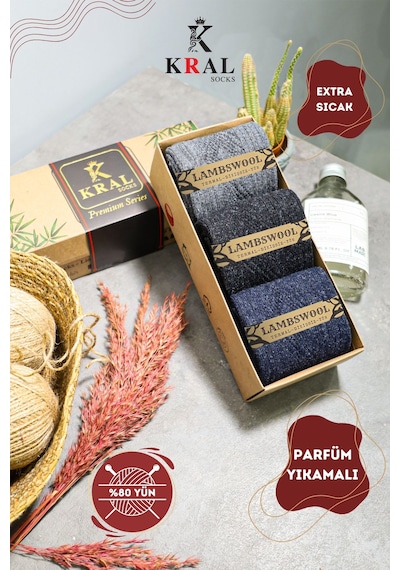 Kral Socks Erkek Koyun Yünlü Lambswool Kışlık 3'lü Kutulu Dikişsiz Çorap Asorti