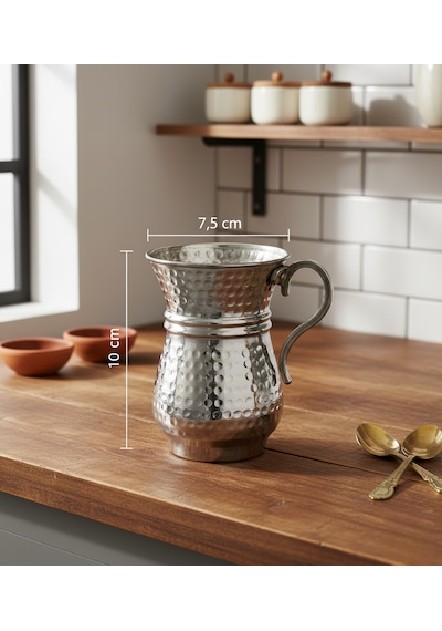 Geleneksel El İşlemesi 300ml Gümüş Renk Bakır Kulplu Maşrapa Ayran Bardağı 7,5cmx10cm Gümüş - Gri