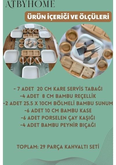 Atbyhome Aven 6 Kişilik 29 Parça Doğal Bambu - Seramik Kahvaltı Takımı Kahvaltı Seti Sunum Seti Ahşap