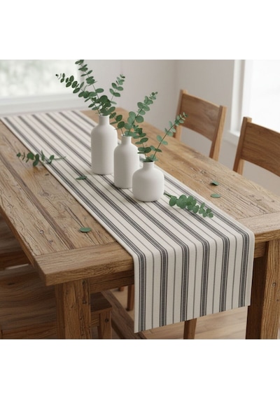 1 Adet Runner,çizgi Desenli 100% Pamuk Runner,yıkanabilir Runner 40x140 Cm Beyaz - Gri