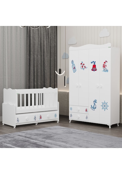 Elegant Beşik Ve Yıldız 4 Kapaklı Dolap - Denizci Beyaz