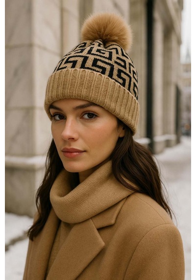 Remsa Kadın Ponpon Detay İçi Polar Desenli Bere Rkş-1144 Camel Camel