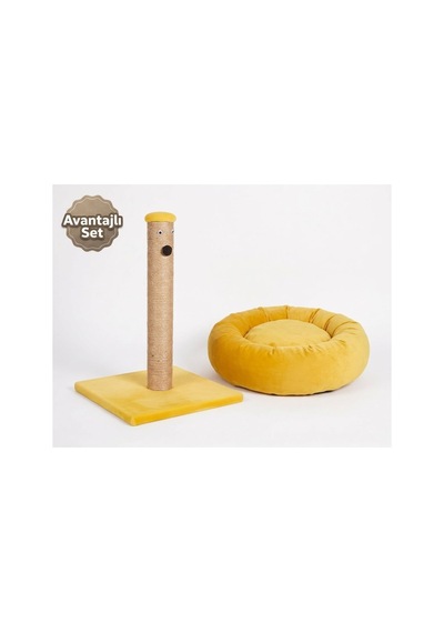 Tr 2'li Set, Tırmalama Tahtası Ve Polar Simit Kedi Yatağı, Sarı