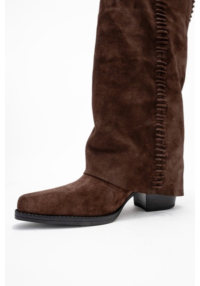 Luvishoes Velın Kahverengi Süet Hakiki Deri Dikişli Kadın Western Çizme Kahverengi