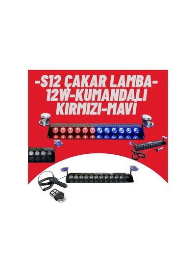 S12 Cam İçi Profesyonel İkaz Lambası Vantuzlu, Çakmaklık Girişli, Kumandalı Kırmızı-mavi