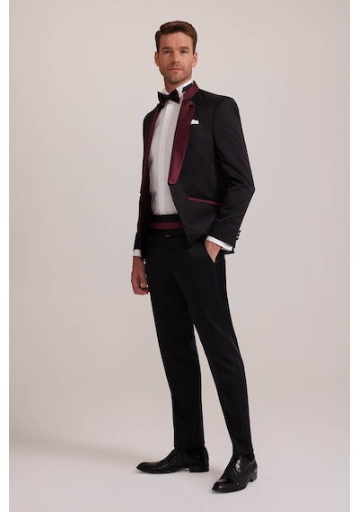 Ysf Erkek Bordo Siyah Slim Fit Şal Hakim Yaka Damatlık Bordo - Siyah