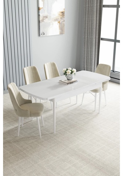 Zümra Serisi, Beyaz 80x132 Açılabilir Mdf Mutfak Masası Takımı 4 Adet Sandalye, Krem Zümra Serisi, Beyaz 80x132 Açılabilir Mdf Mutfak Masası Takımı 4 Adet Sandalye, Krem