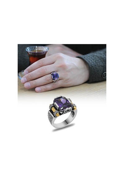 Mor Baget Taşlı Avangarde Tasarım 925 Ayar Gümüş "Şah Cihan" Yüzü (528143035)