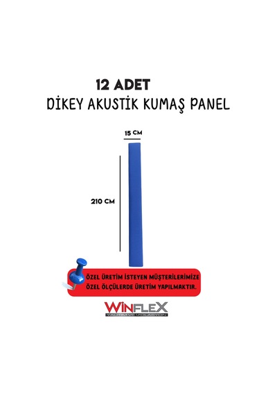 Akustik Kumaş Kaplı Dikey Panel 15x210cm - 12 Adet Mavi Renk