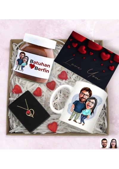 Bk Gift Sevgiliye Özel Karikatürlü Hediye Seti-4, Sevgililer Günü Hediyesi, Yıl Dönümü Hediyesi, Nutella 400gr., Doğum Günü Hediyesi
