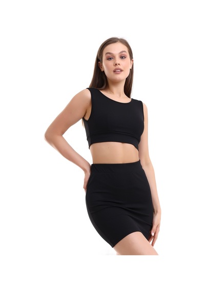 Winmoda34 Kadın Etek-crop 2li Takım Fitilli Kumaş Full Likralı Siyah