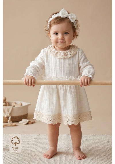 Minory Baby - %100 Pamuk Müslin Dantel Detaylı Elbise & Saç Bandı Seti Bej Bej