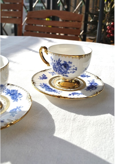 Porselen Gold Kahve Fincanı Altın Çiçekli 2 Kişilik 4 Parça Blue Rose Altın