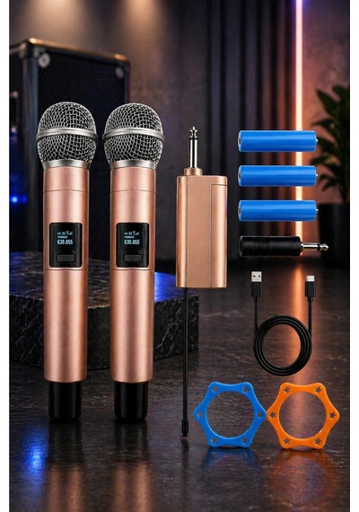 Jrl Wn-11 Profesyonel Çiftli Kablosuz El Mikrofonu Seti - Uhf Bandı Şarj Edilebilir Alıcılı - Rose G