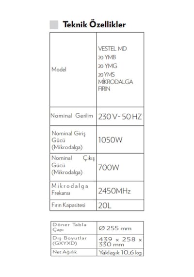 Vestel MD-20 YMB 20 LT Mikrodalga Fırın