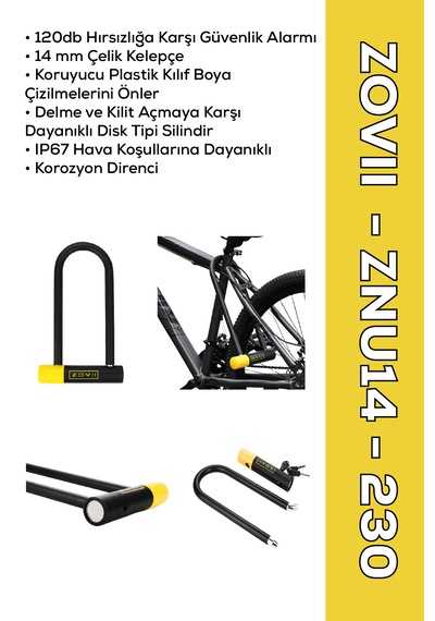 Znu14-230 Sarı 120 Db Alarmlı Motosiklet U Kilidi - 14 Mm Çelik, Korozyon Dirençli, Ip67 U Kilit
