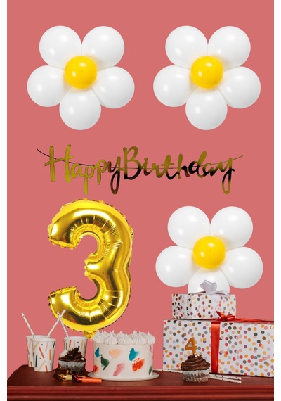 3 Yaş Papatya Temalı Beyaz Sarı Papatya Balon Gold Rakam Gold Banner Doğum Günü Seti Çok Renkli