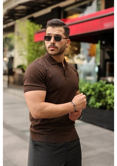 Veraura Lifestyle Erkek Düğmeli Yaka Pamuk Triko Tişört Kahverengi