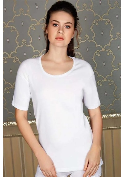 Angbutik Pamuklu Ribana Geniş Yaka Kısa Kol Fanila T-shirt beyaz