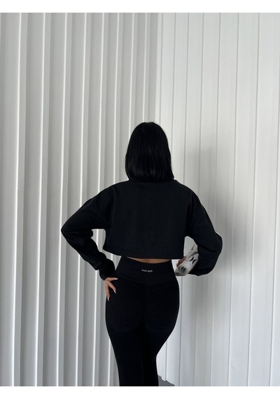 Siyah Crop Bisiklet Yaka Sweatshirt Siyah