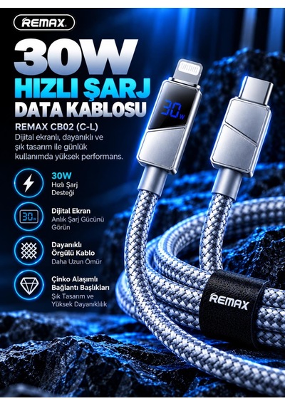 Remax Cb02-cl 30w Dijital Ekranlı Hızlı Şarj Ve Data Kablosu Type-c To Lightning 1.2 Metre Gri
