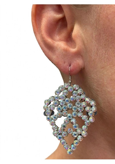 El Yapımı Rhinestone Taşlı Sallantılı Küpe Dans, Sahne Ve Abiye Beyaz