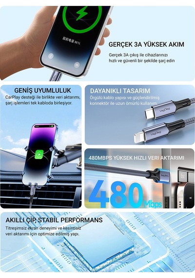 Veggieg 27w 3a Usb Type-c To Lightning iPhone Apple Uyumlu iPad  Hızlı Şarj Ve Data Kablosu 2 Metre