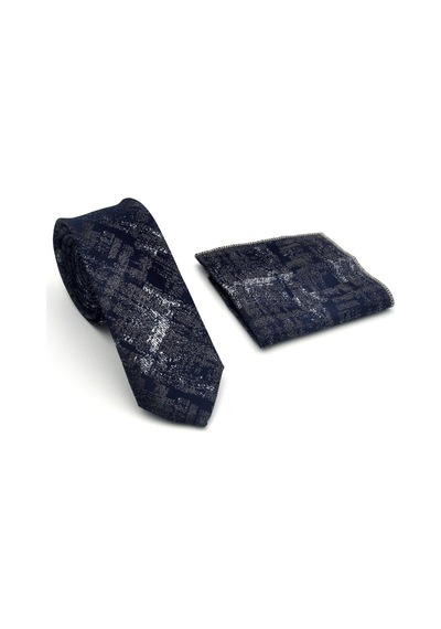 Gaffy Gri Desenli Lacivert Dokuma Kumaş Mendilli Slim Fit Kravat // Sdk-2608-2 Lacivert