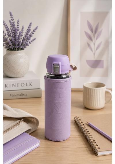 H2o Pastel Renk Kılıflı Kilit Kapaklı 500 Ml Cam Matara Sızdırmaz Ofis Ve Spor İçin Koruyucu Kılıflı Cam Suluk Mor